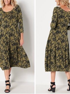 Truth + Style Olive & Black Abstract Printed Scoop-Neck Bubble Hem Dress